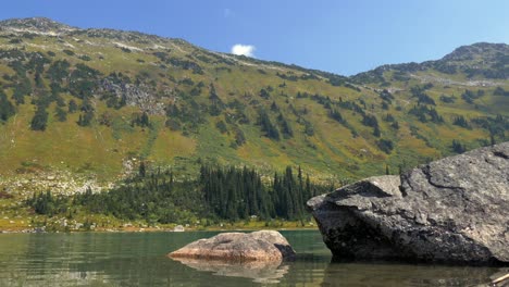 panorama of green mountain, blue skies and lake in summer. - wide shot
