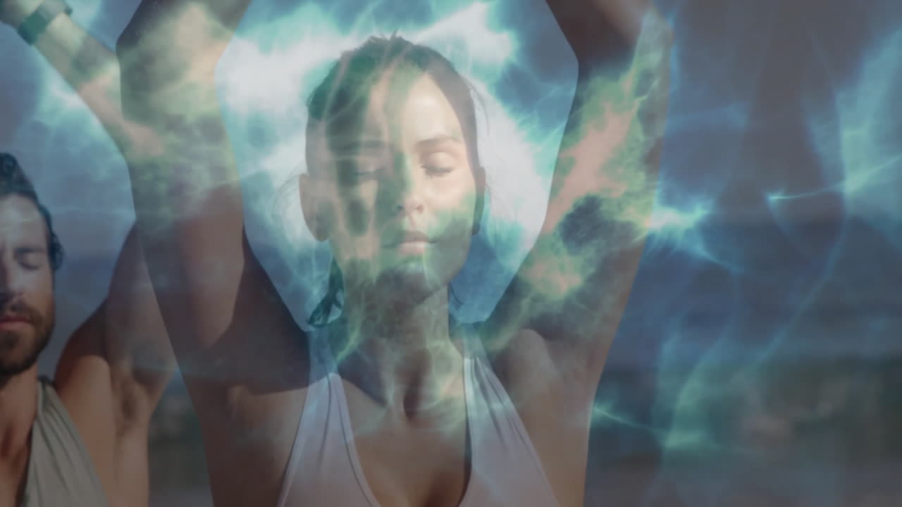 Meditating, people surrounded by ethereal blue animation energy in serene setting