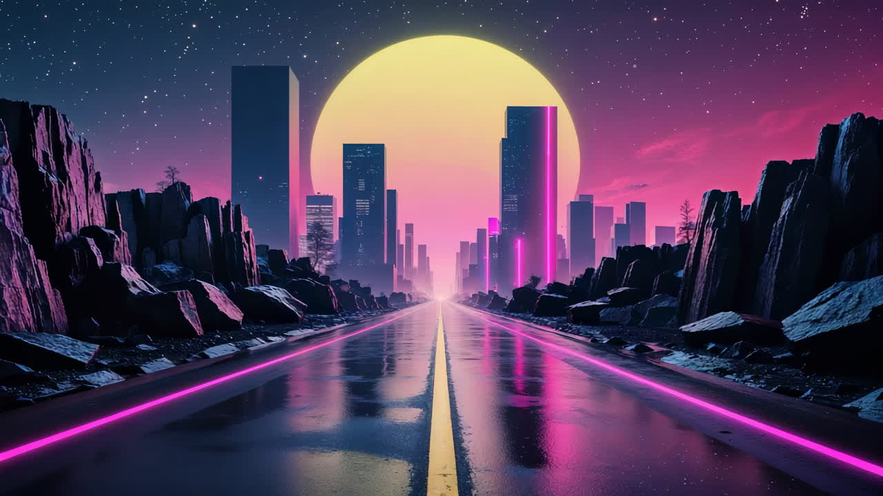 Neon Retro Futuristic Cityscape with Giant Sun and Empty Road