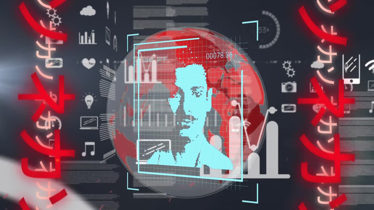 animación del procesamiento de datos, iconos, fotos de usuario, globo terrestre y escritos chinos en el espacio digital negro