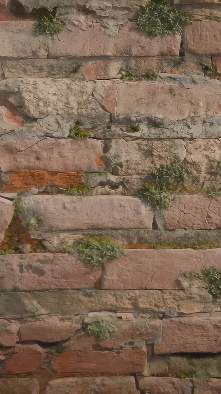 Video verticale: la camera si sposta lentamente rivelando un muro di pietra esterno con crepe di malta e muschio