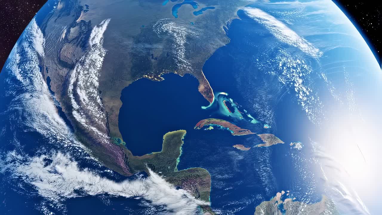 Rotating cloudscape revealing lush geography of Central America and Caribbean islands, illuminated by bright sunlight against dark cosmic background