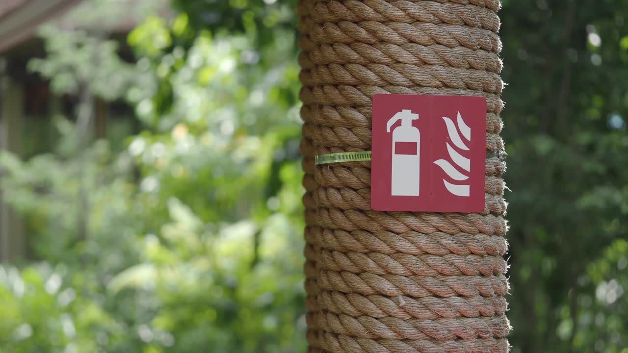Fire Extinguisher Sign on Rope Covered Post