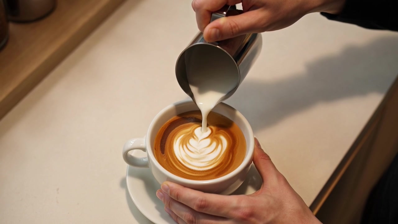Barista che versa latte montato a vapore per creare latte art in una caffetteria