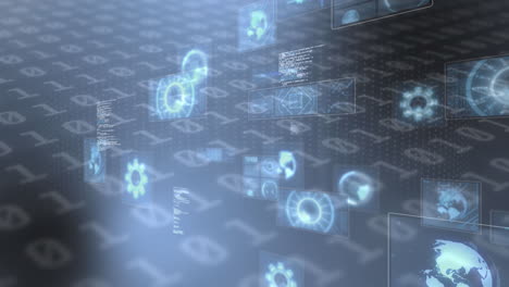 Animation of scopes scanning and data processing on screens over binary coding
