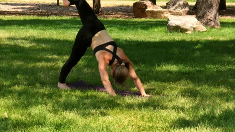 a woman demonstrates peak fitness through yoga in a public park. calm meditations and powerful poses