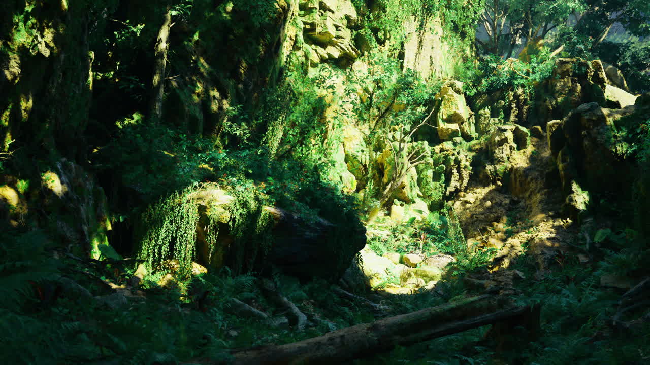 Lush green forest landscape with sunlight filtering through trees