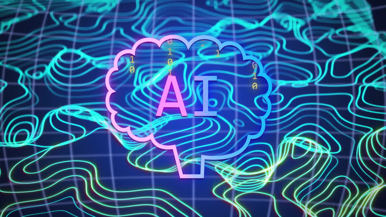 어두운 배경에 파란색 반이는 선을 통해 ai 데이터 처리의 애니메이션