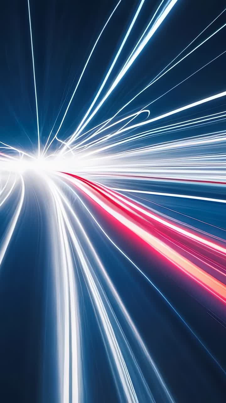 Vertical video: Merging light trails racing in tunnel, pulsing glow starting flow with red streak