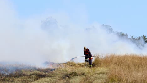 farm workers on fireline use flappers to control fire spread in field, zoom out