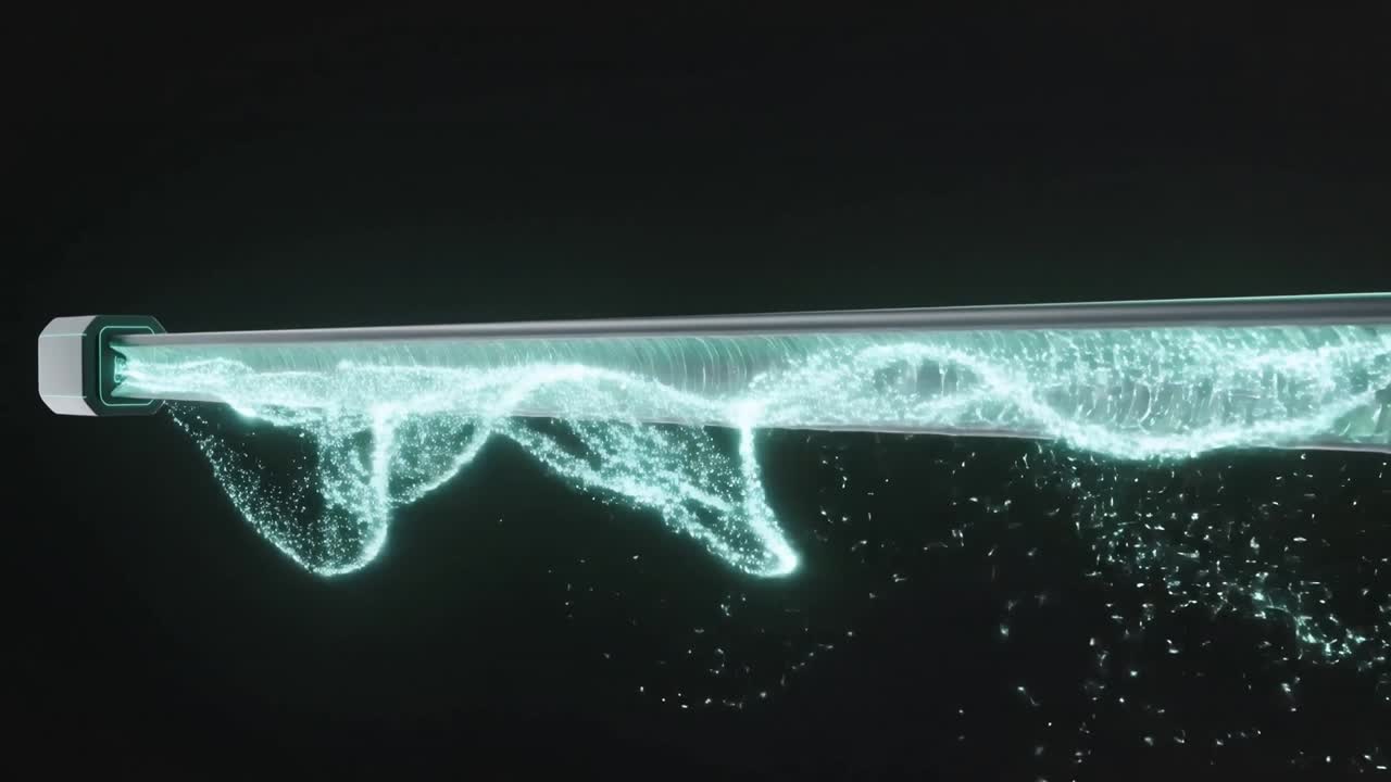 Flowing cyan fluid inside transparent tube in dark studio, connector engaging, particles falling