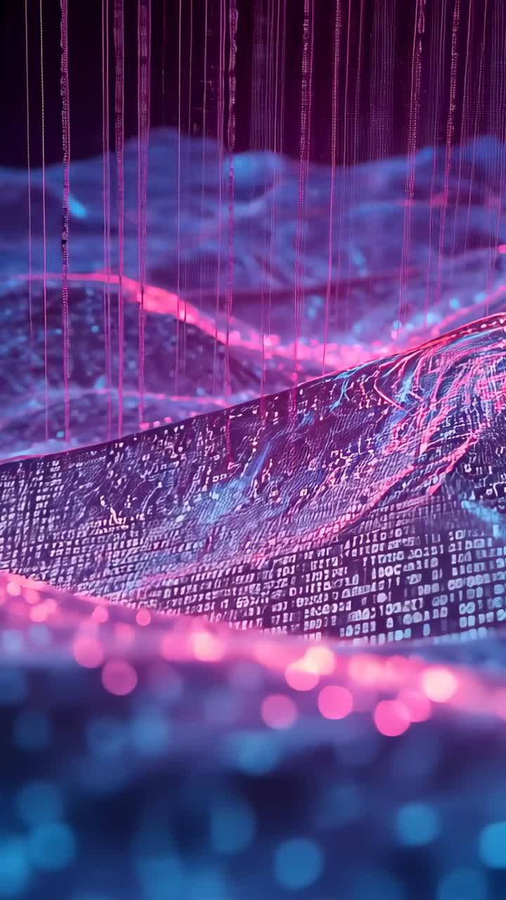 Vertical video: Shifting camera showing neon mesh with falling 0s, bokeh in neon scene to show data