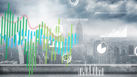 animation of graph and charts processing data over cloudy cityscape