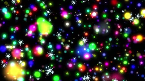 Animation-of-red-christmas-spots-of-light,-snow-falling-on-black-background