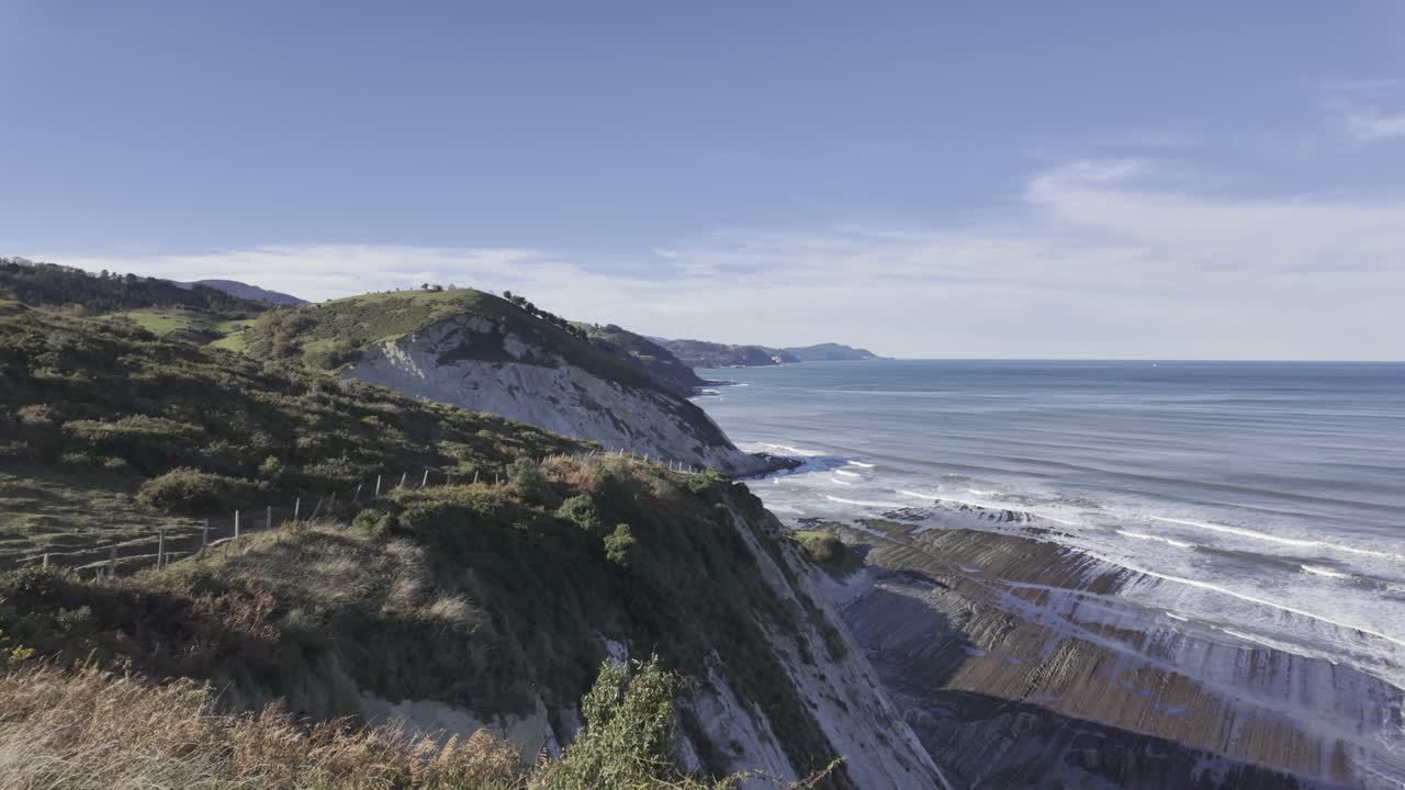 Spektakulær landskabsudsigt over Sakoneta-strandens flysch, en unik geologisk formation på den baskiske kyst, med grønne bjergskråninger, der møder Atlanterhavet under en klar blå himmel.