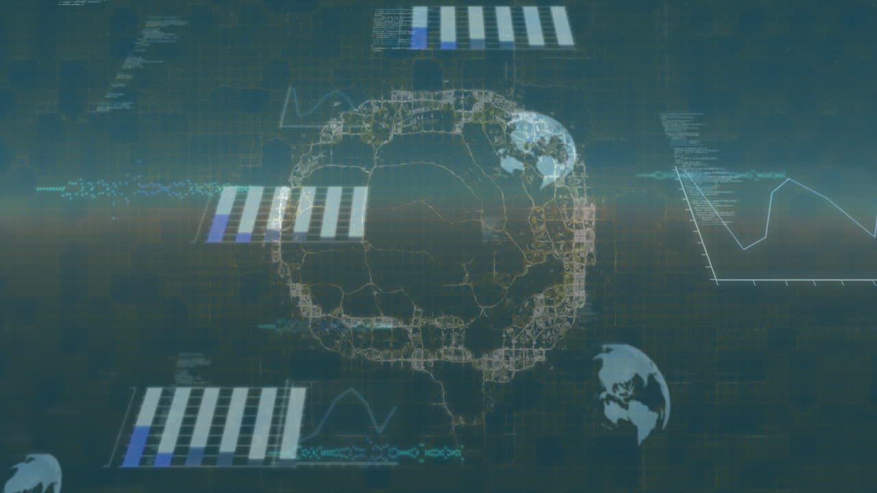 Animation of round scanners and data processing over spinning human brain icon on blue background
