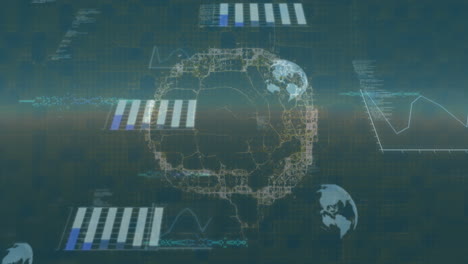 animation of round scanners and data processing over spinning human brain icon on blue background