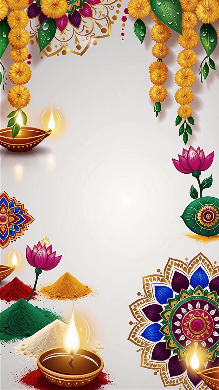 Sfondo Diwali con Diyas luminosi, Rangoli e fiori di loto