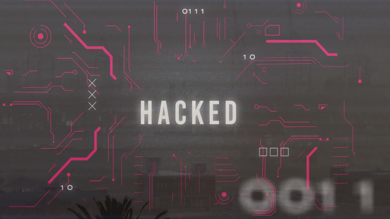 Glitching text HACKED flooding digital overlay, featuring binary codes crosses skyline flat design