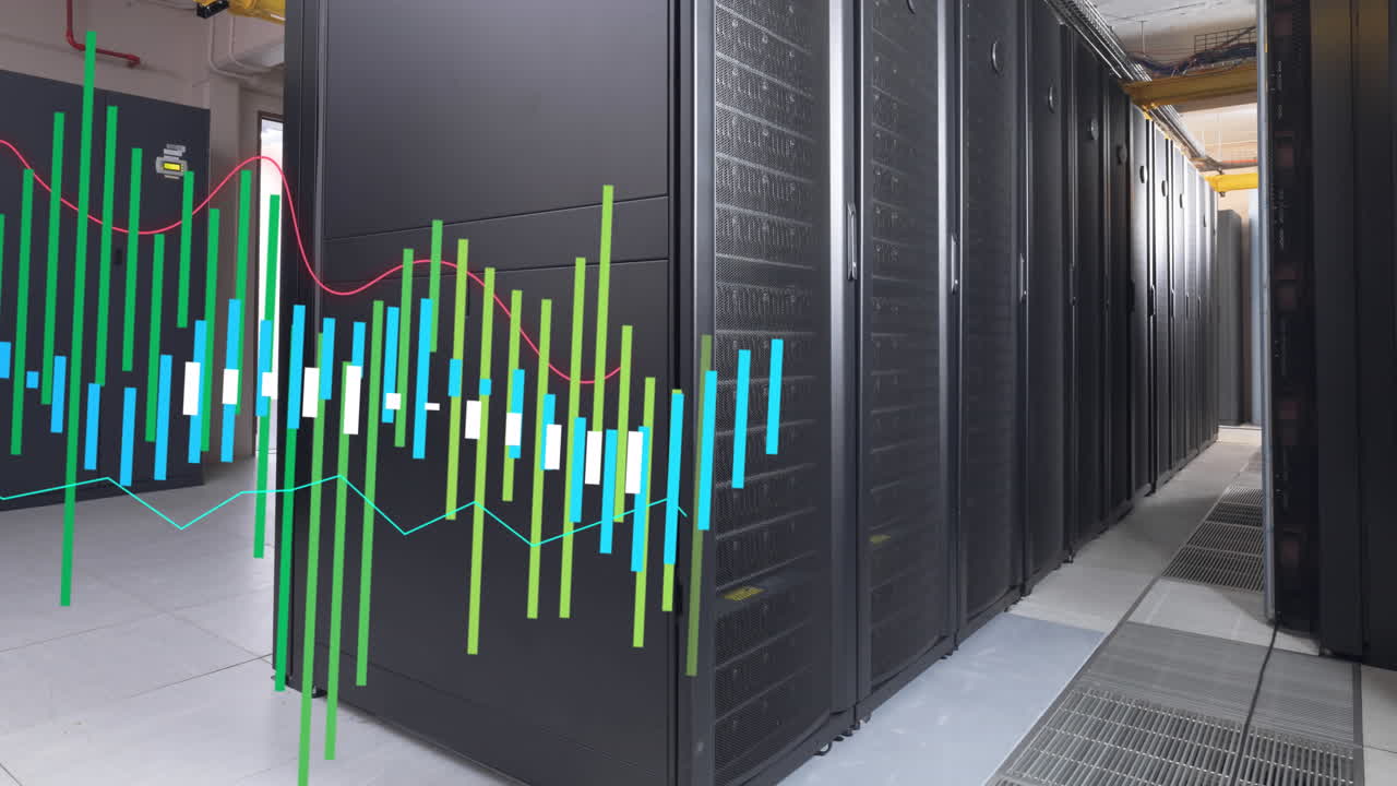 Animation of multicolored graphs over data server racks in server room