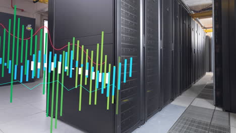 animación de gráficos multicolores en los estantes de los servidores de datos en la sala de servidores