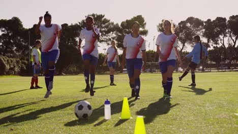 equipo de fútbol femenino haciendo ejercicios de cardio en el campo de fútbol. 4k