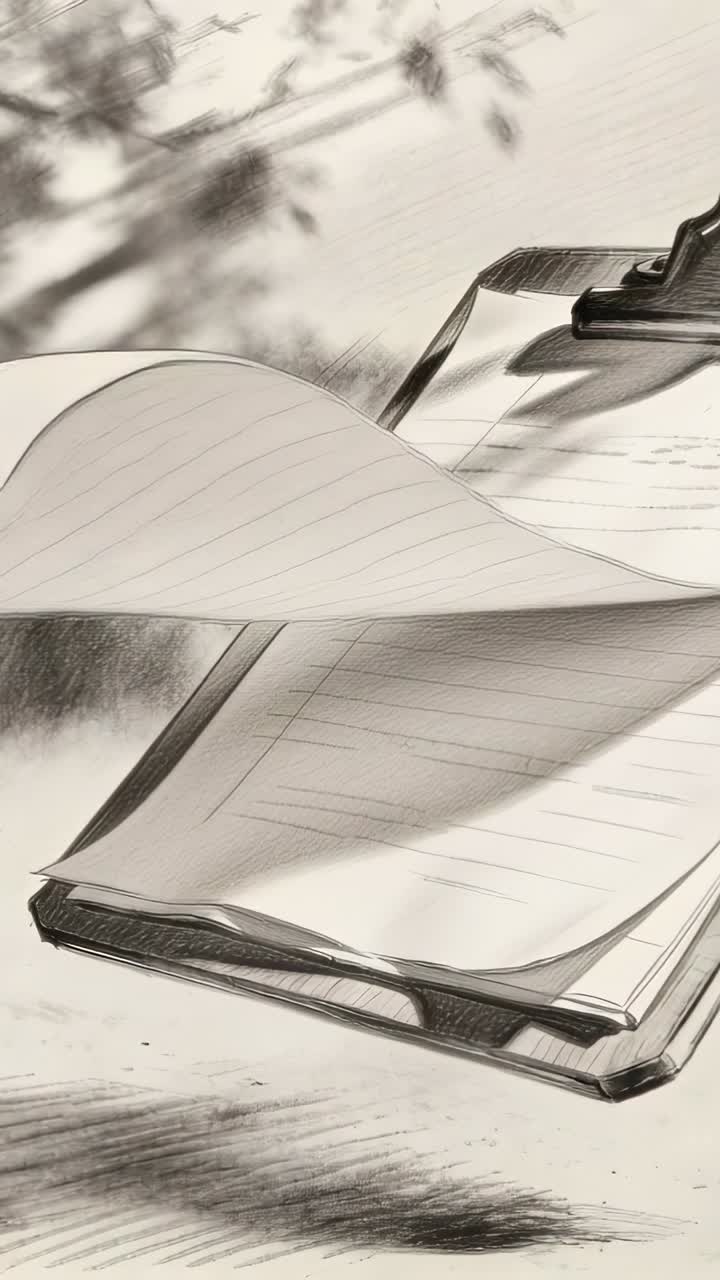 Vidéo verticale: Pages lignées sur un bureau près d'une fenêtre, soulevées par une rafale de vent, se retournant et se stabilisant avec une pince, avec l'ombre d'une feuille.