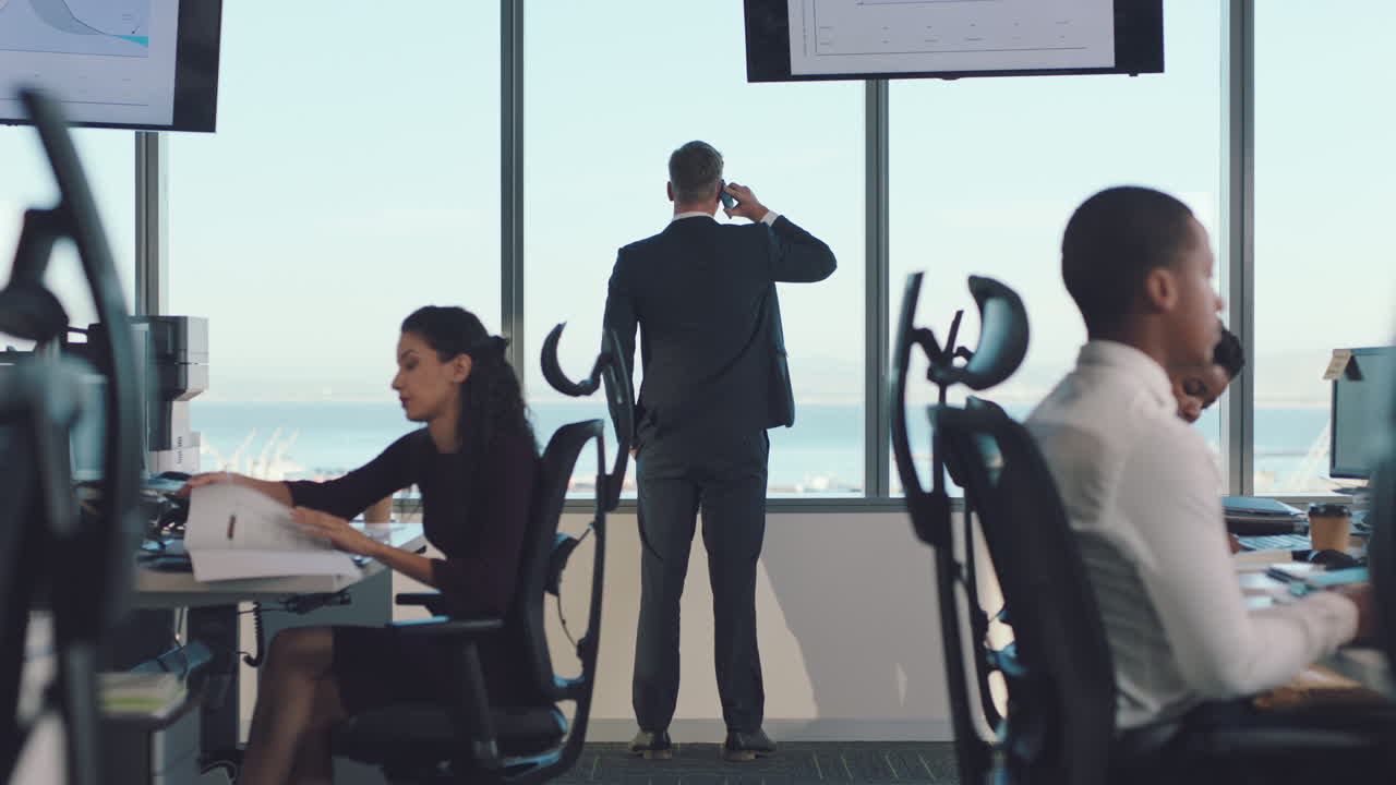 Window, workspace and business people phone call