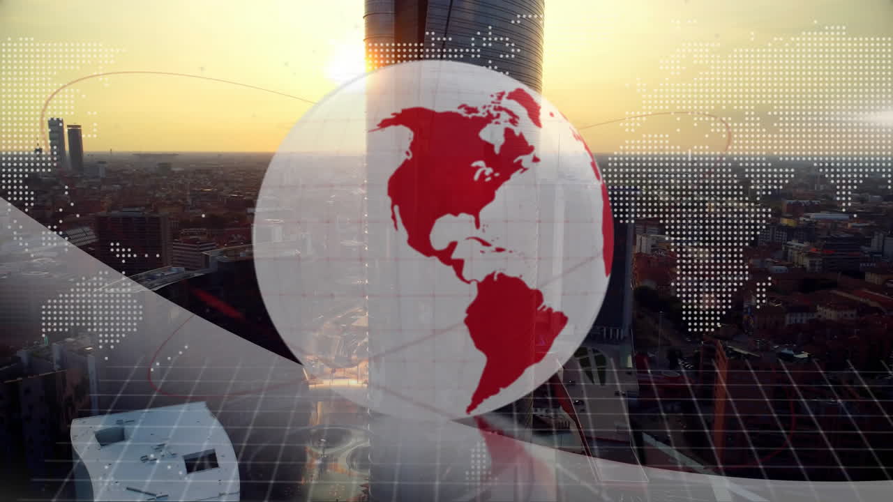 Semi-transparent 3D globe showing Americas in red hovering over city skyline, with map overlays