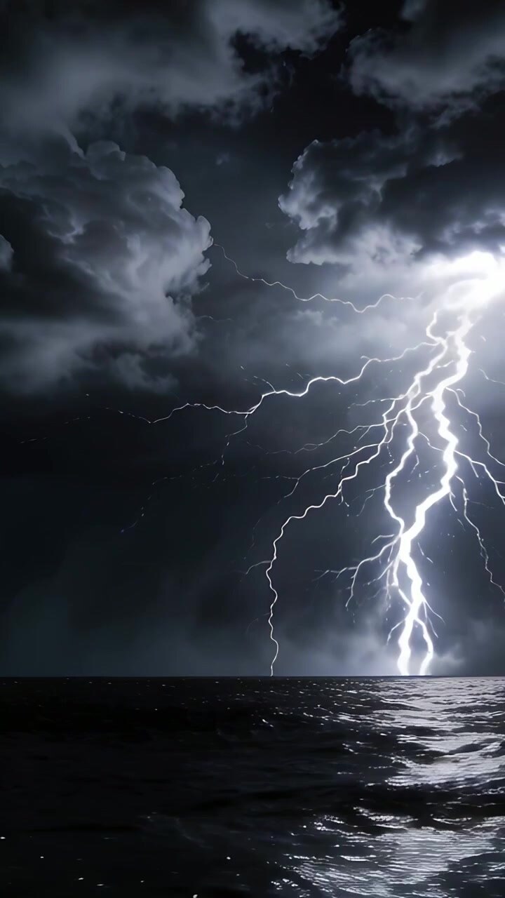 Video verticale: Un fulmine imponente e ramificato che si origina da un debole canale, illumina la superficie del mare durante una tempesta.