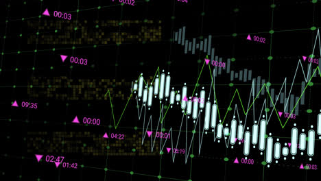 Animation-of-data-processing-and-mosaic-squares-over-grid-network-against-black-background