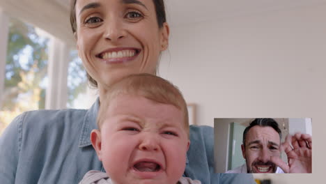 Madre-Y-Bebé-Chateando-Por-Video-Con-El-Padre-Usando-Una-Cámara-Web-Padre-Hablando-Con-Padres-Amantes-De-Los-Niños-Disfrutando-De-Una-Familia-Feliz-Comunicándose-Por-Video-Chat