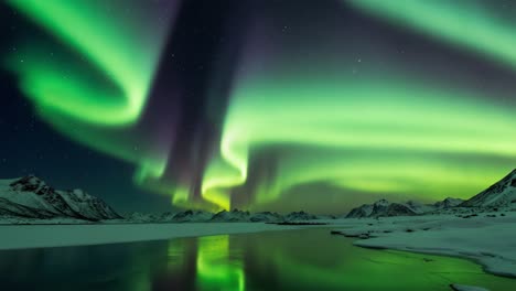 stunning display of northern lights illuminating the night sky in vibrant green and purple hues over a serene winter landscape reflecting in calm waters