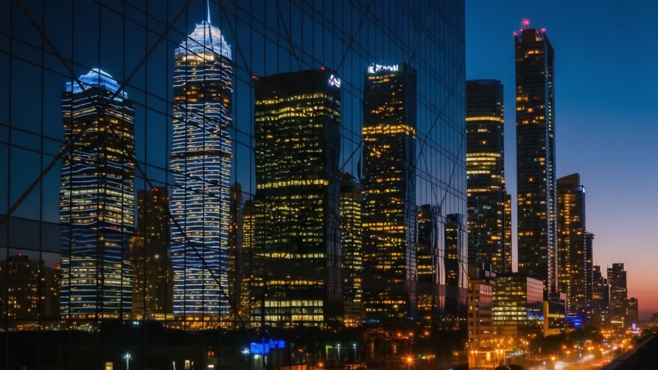Stunning Urban Skyline Reflected in Glass Facades: A Captivating Evening Transition from Daylight to Twilight in the Heart of a Bustling Cityscape