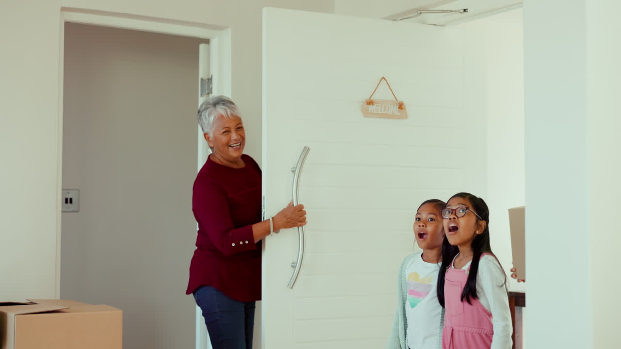 Senior woman, boxes and moving for family