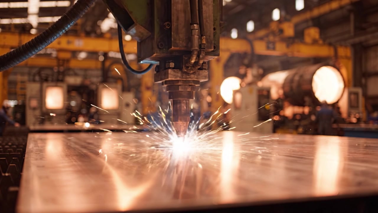 Industrial Laser Cutting Process in Action: Sparks Fly as High-Tech Machinery Shapes Metal Sheets in a Manufacturing Facility