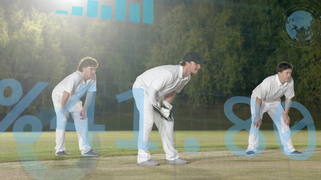 Cricket keeper catching incoming ball, fixing glove, slips crouching, data overlaying, readying