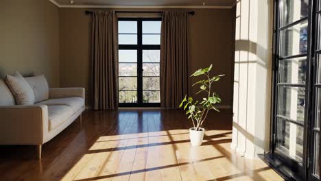 A minimalist living room with a potted plant, sofa, and large window. Shot from a low angle, perfect