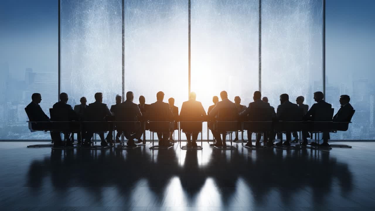 A Prominent Boardroom Meeting at Sunrise: Shadowed Figures Engaged in Discussion Against a Bright Urban Skyline