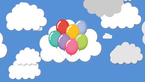 digital animation of bunch of balloons floating against multiple clouds icons on blue background