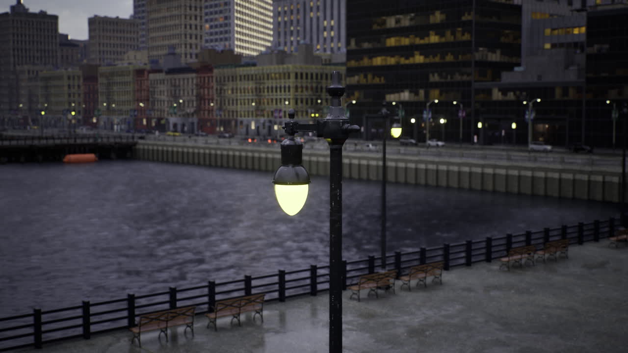 City waterfront at dusk with lamp posts and calm water view