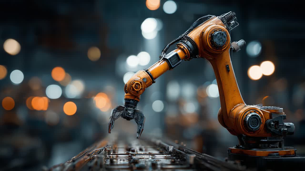 An Advanced Industrial Robotic Arm Manipulating Objects on a Production Line in a Modern Manufacturing Facility with a Focus on Automation and Efficiency