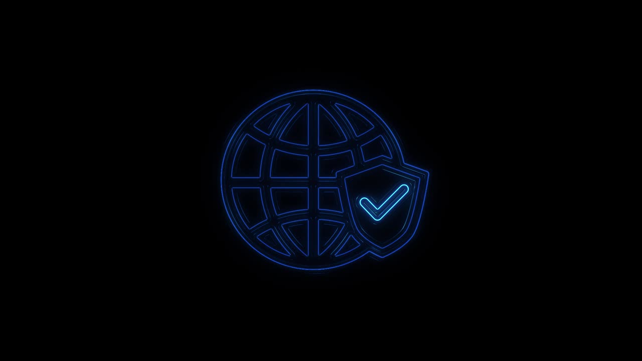 línea de neón brillante icono del globo terrestre aislado en fondo negro. escudo con marca de comprobación. 4k
