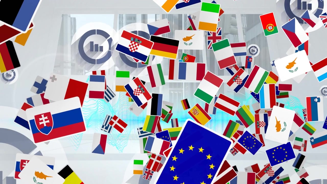 Animation of falling graphs and flags over screen