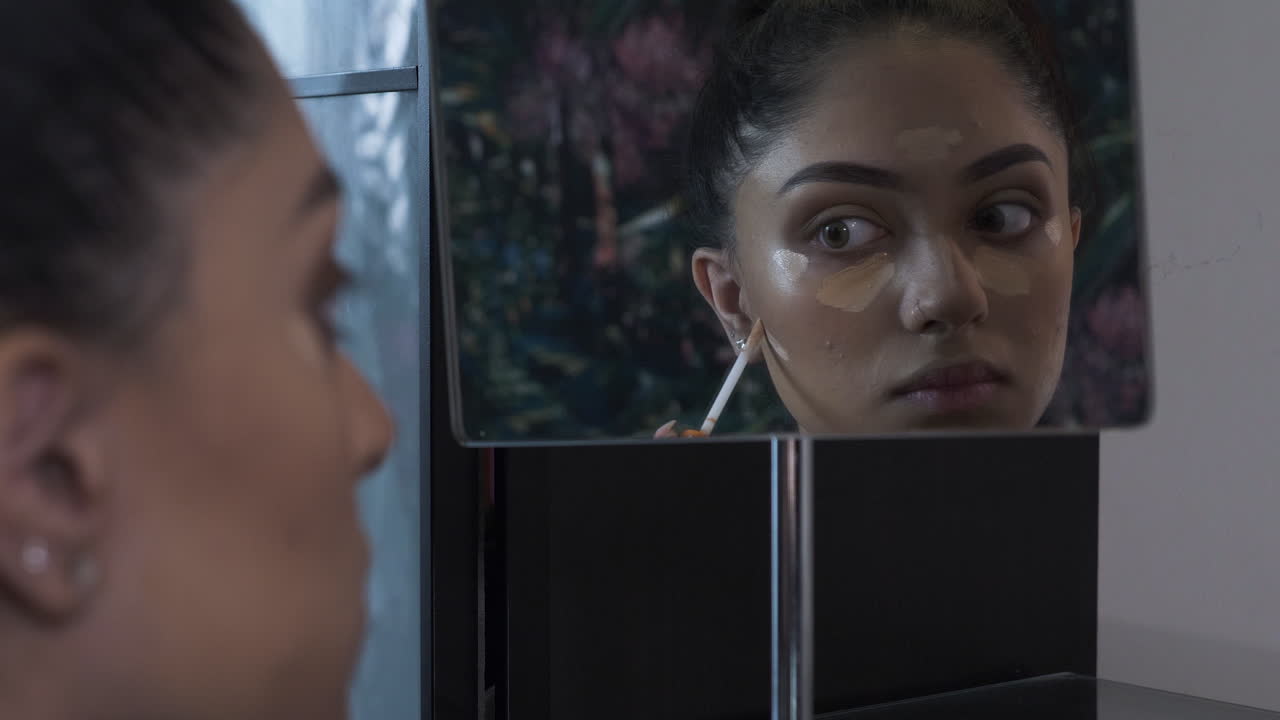 Young Asian Indian Women Applying Contouring Highlighting Looking In Mirror