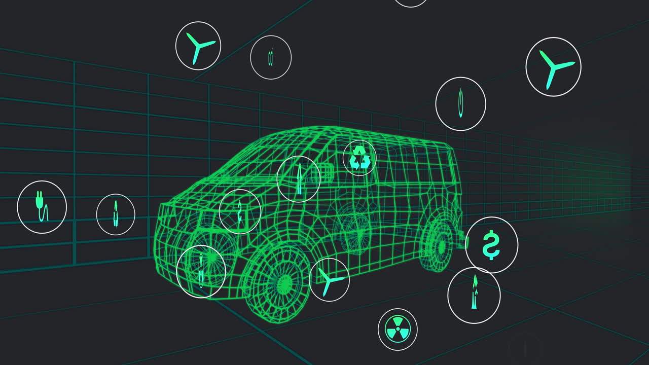 검은색 배경에서 움직이는 3d 자동차 모델 위에서 아이콘의 처리 상태 데이터를 애니메이션