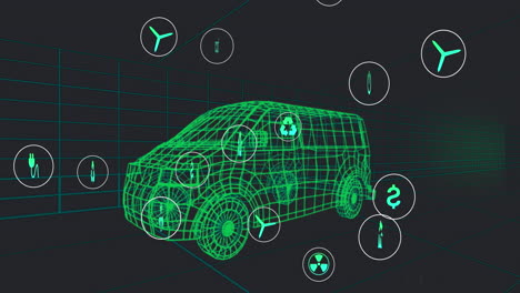 animación de iconos que procesan datos de estado sobre un modelo de coche 3d que se mueve sobre un fondo negro