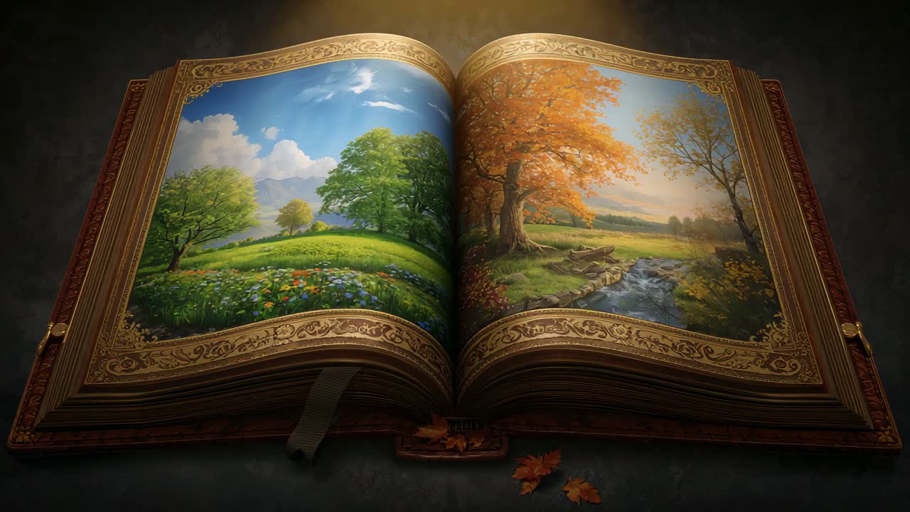 Drifting autumn leaf initiating cascade onto ornate illustrated book on desk, seasonal transition