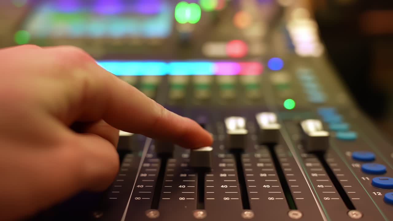 Hand moves fader up on a digital mixing console with colorful LED bokeh, adjusting volume during live recording or broadcast in a studio control room