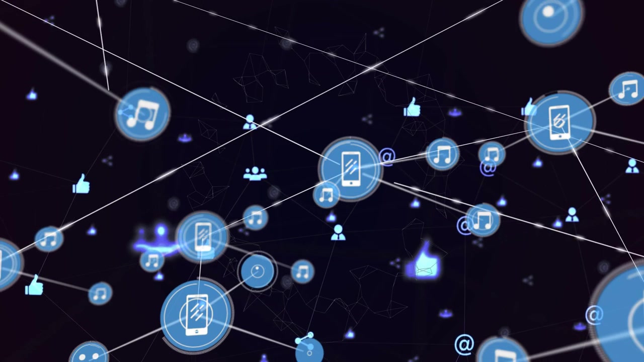 Center phone sending pings, nodes expanding web, emitting music, sharing content across tech map